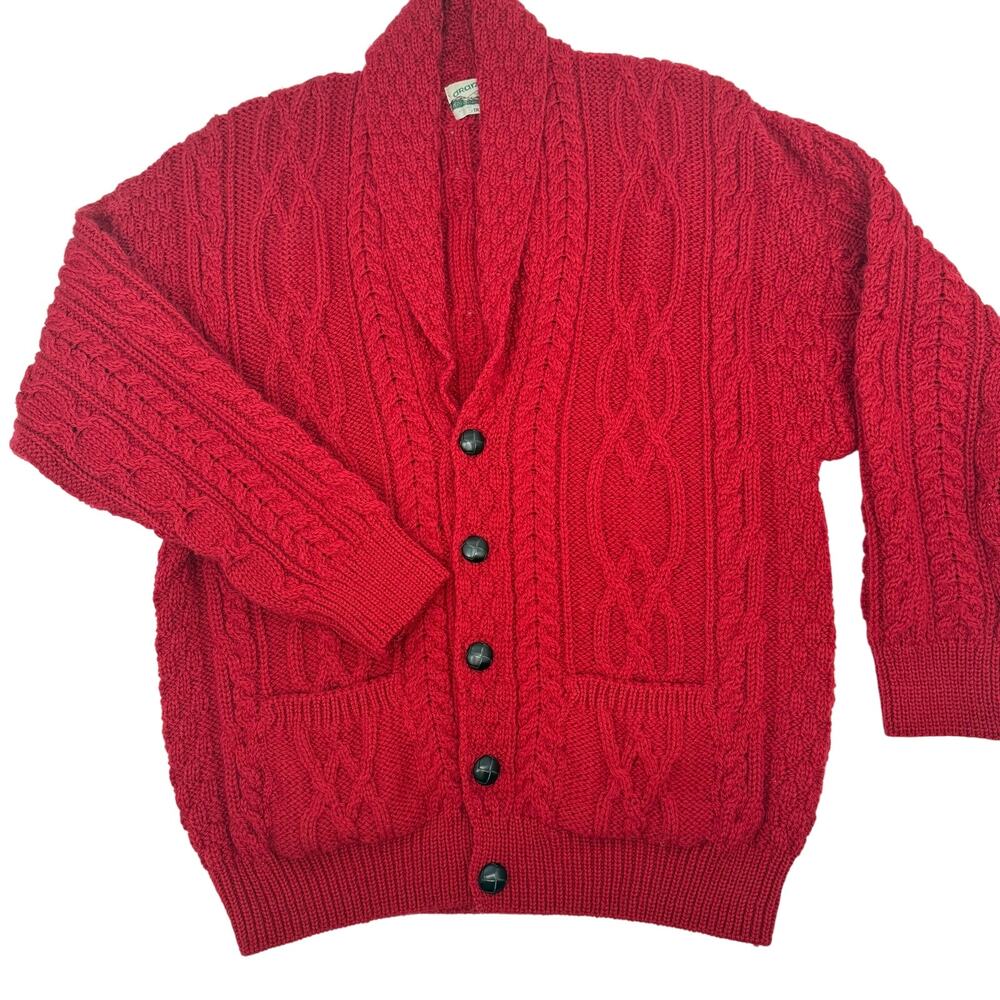 Vintage Aran Crafts Ireland Red Cable Knit Shawl Collar Cardigan 100% Wool L